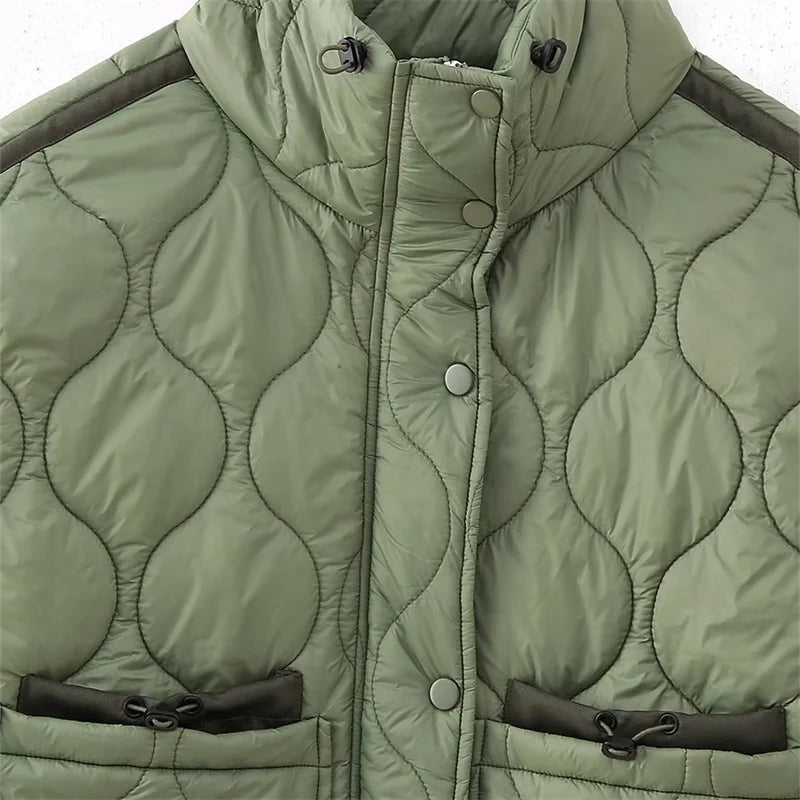 Beberino Quilted Zip-Up High Neck Vest Crop Top - Army Green Vintage Parka