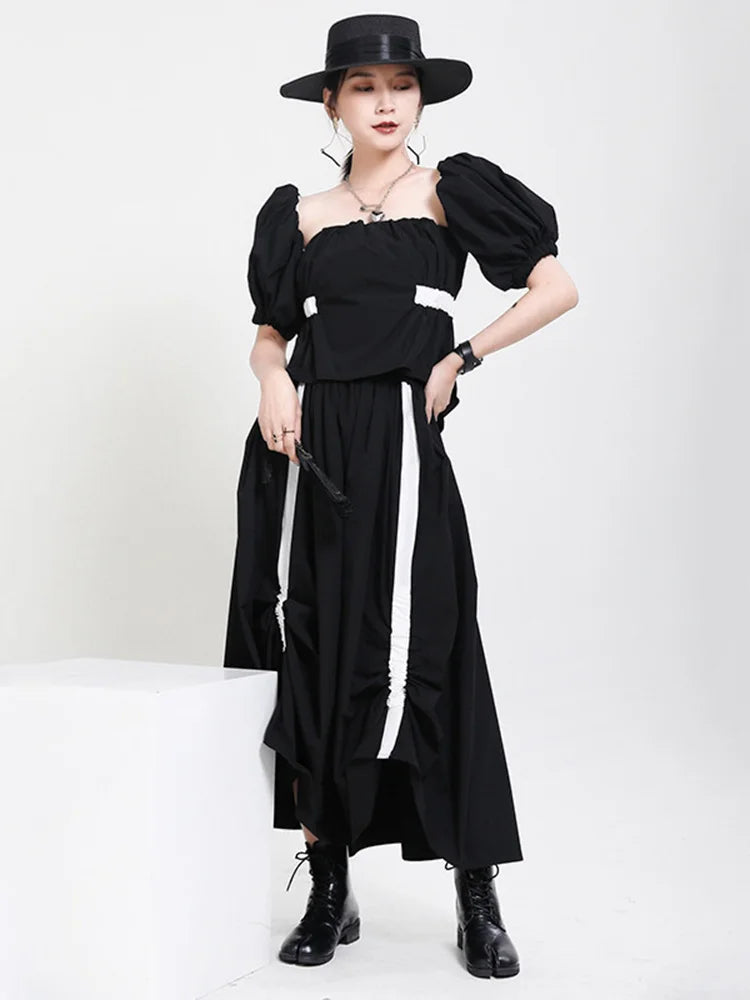 Beberino Elegant Black Dress with Split Joint Design & Puff Sleeves