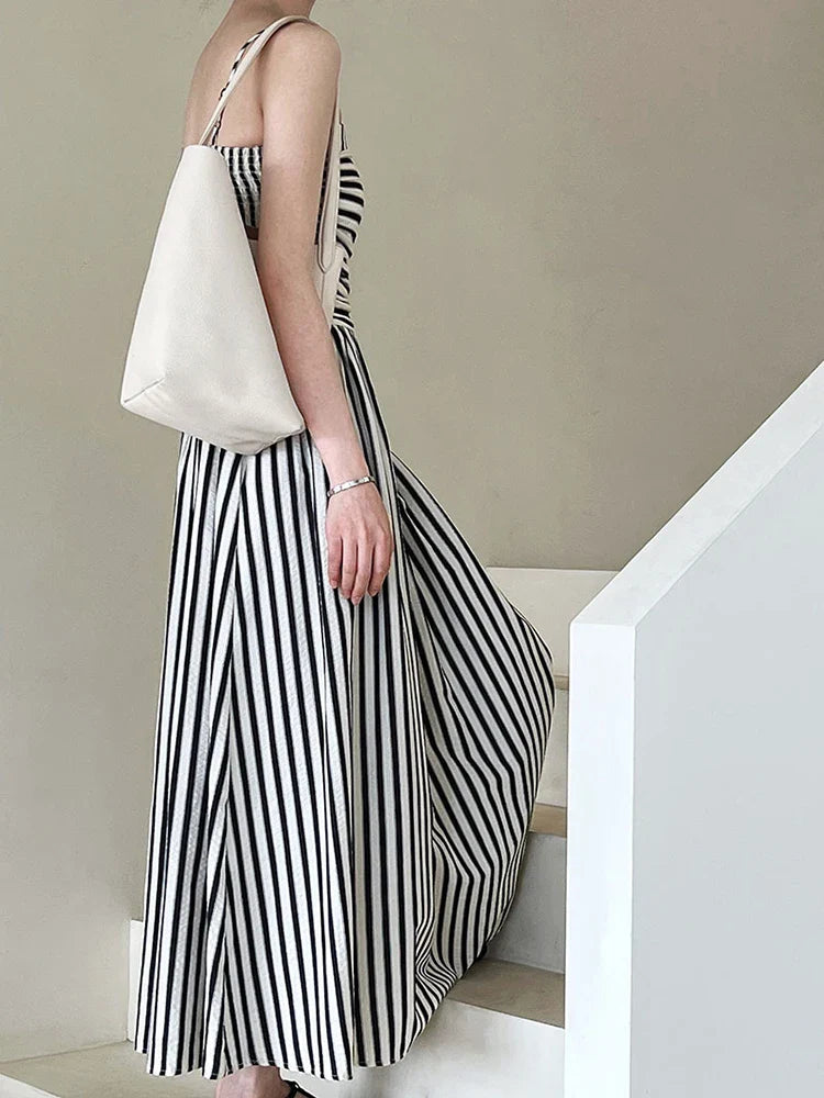 Beberino Sleeveless Black Striped Pleated Long Dress - Elegant & Chic Summer Fashion