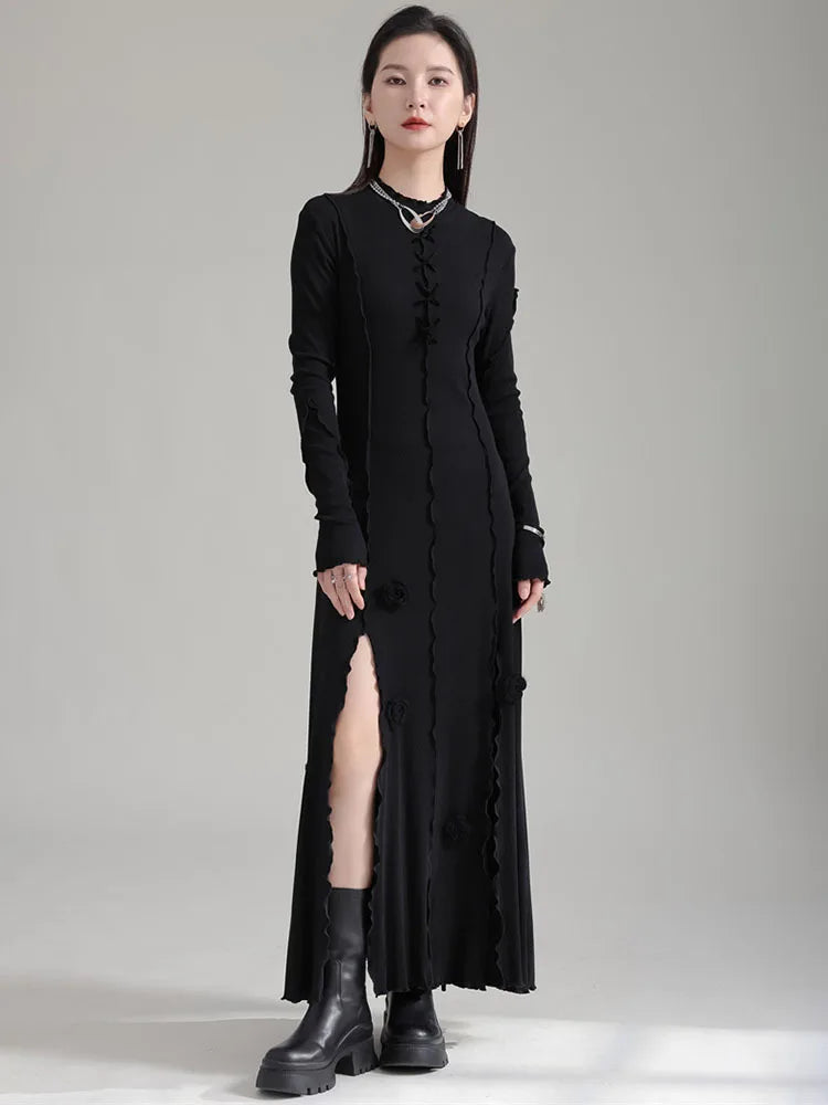 Beberino Black Flower Slit Long Dress Turtleneck Loose Fit Elegant Style