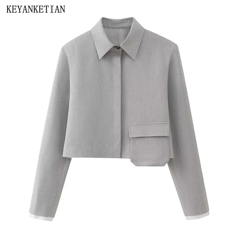 Beberino Gray Short Shirt Jacket with Patch Pockets & Asymmetrical Button-up Style