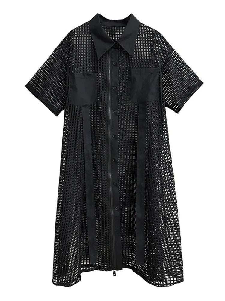 Beberino Black Mesh Midi Shirt Dress Short Sleeve Fashion Tide Spring Summer 2024