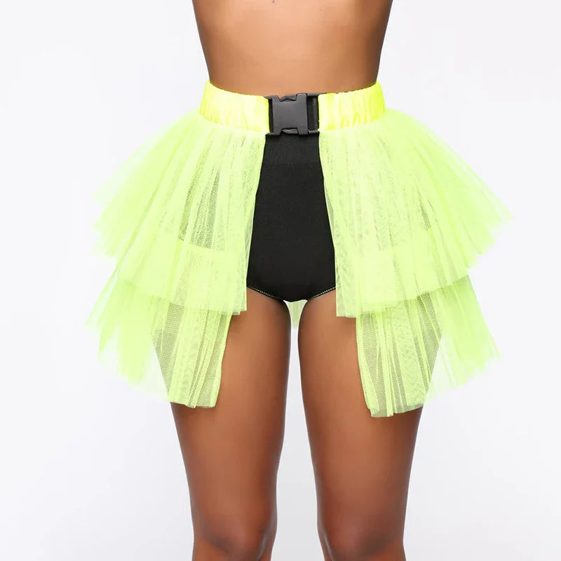 Beberino Mesh Pleated Patchwork Mini Skirt with Buckle Strap in Solid Color