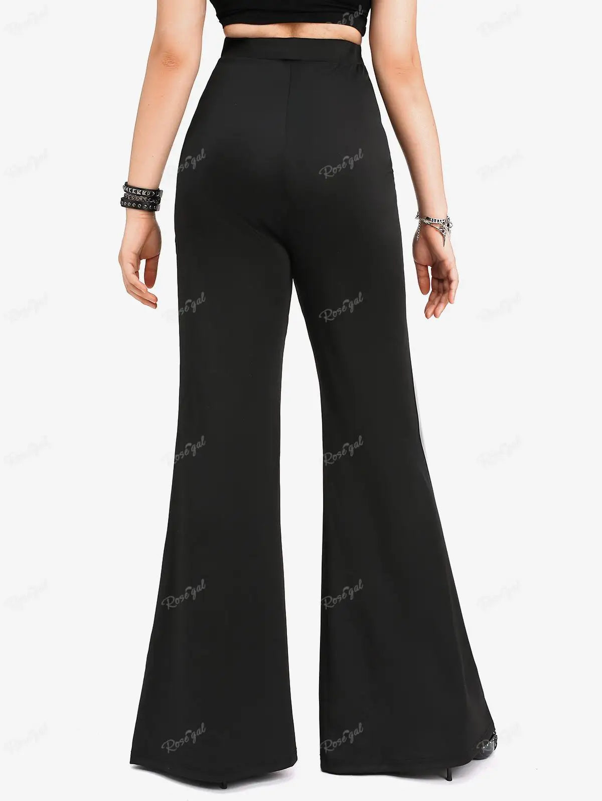 Beberino Flare Pants with Mesh Panel & Chain Buckle - High Waist Gothic Trousers