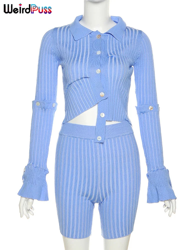 Beberino Striped Crochet 2-Piece Set: Long Sleeve Top + High Waist Bottoms