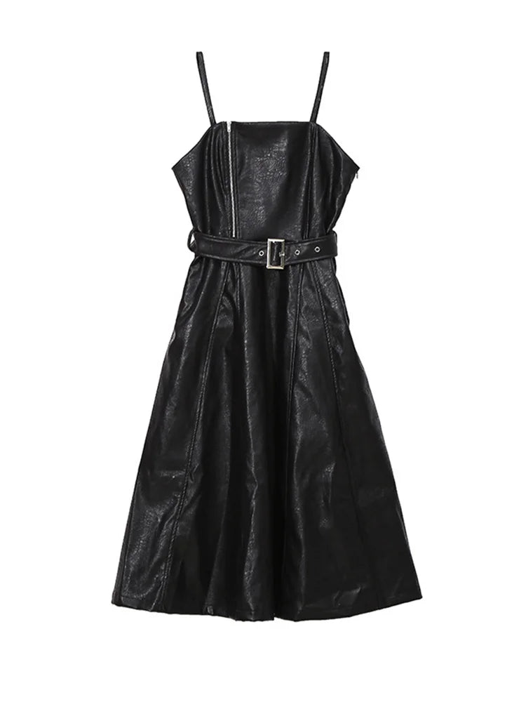 Beberino Women's Black Pu Leather Spaghetti Strap Dress V-Neck Sleeveless Loose Fit