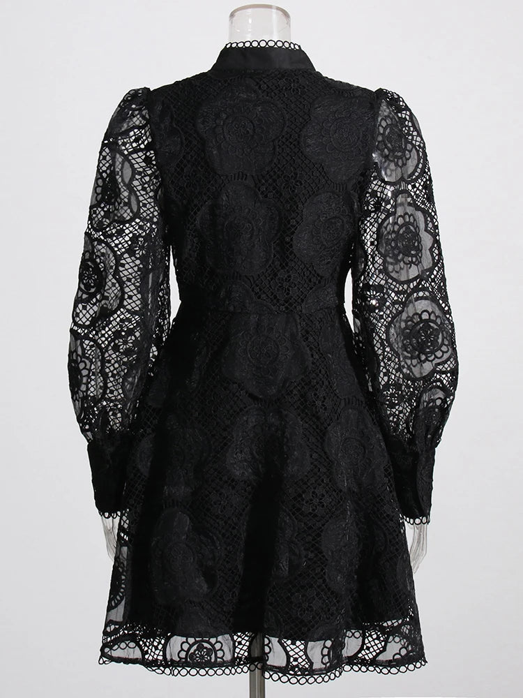 Beberino Lace Panel Stand Collar Dress: Vintage Style Jacquard Mini Dress for Women