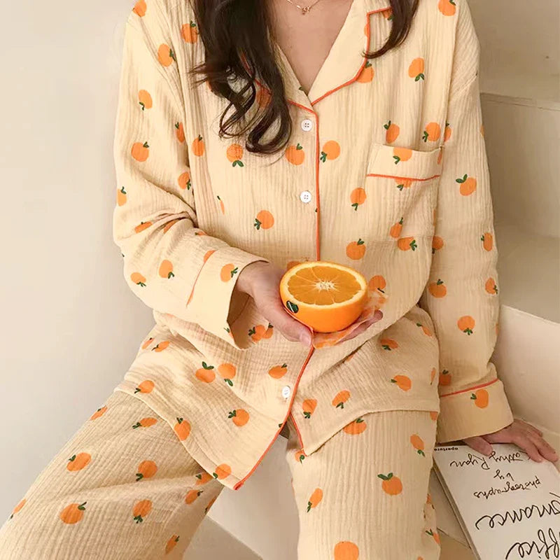 Beberino Women's Orange Print Cotton Gauze Pajama Set - Short Sleeve Two Piece