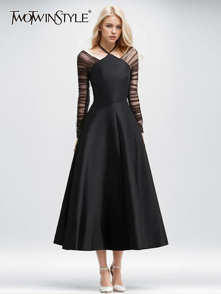 Beberino Mesh Patchwork Halter A-Line Dress - Elegant Design, High Waist & Long Sleeve