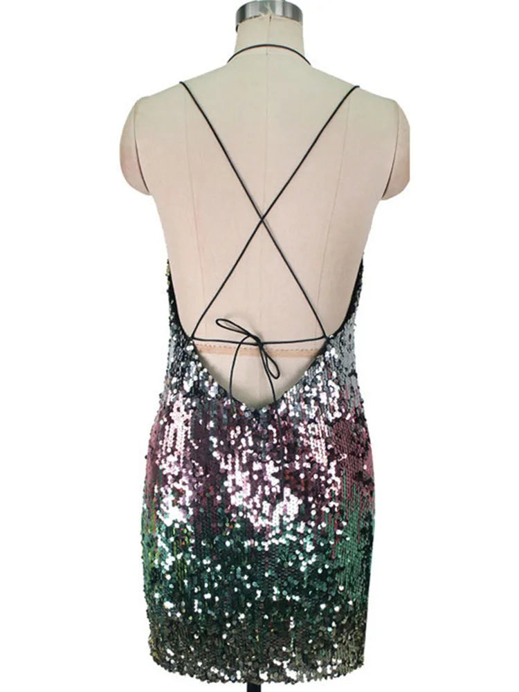 Beberino Sequins Halter Sleeveless Mini Dress High Waist Sheath Sexy Summer Fashion