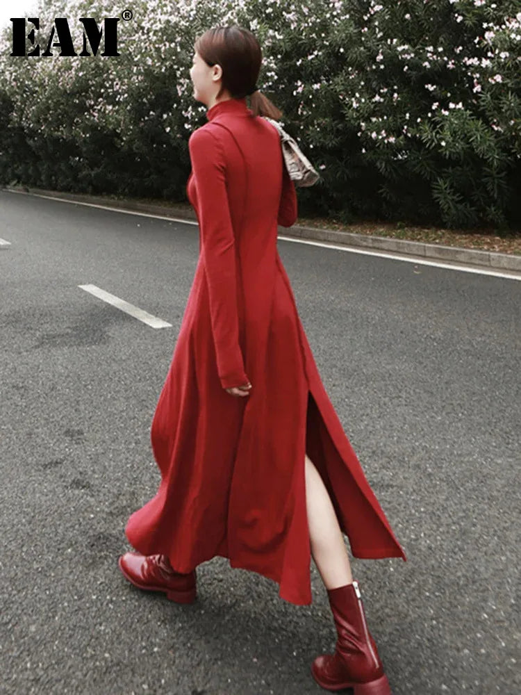 Beberino Red Turtleneck Irregular Long Dress with Hem Slit