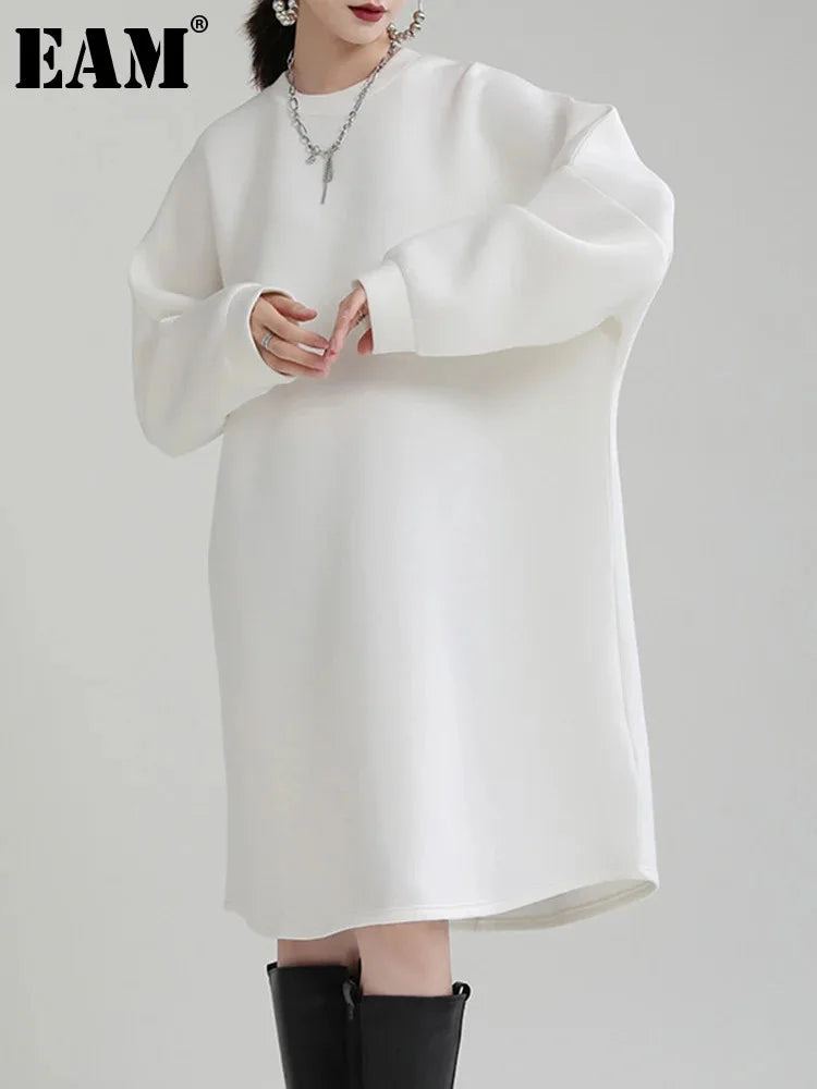 Beberino Women's White Maxi Dress | Round Neck Long Sleeve Loose Fit | Spring Autumn Fashion