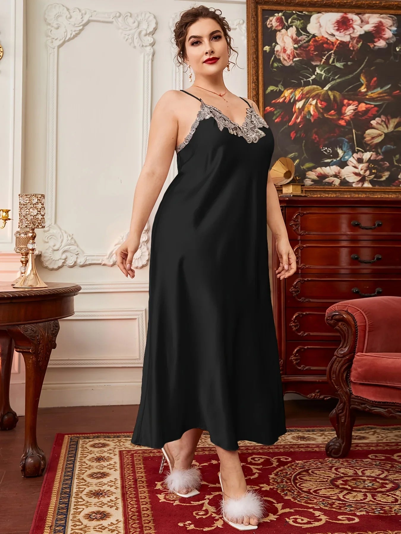 Beberino Lace Silk Satin Sleepwear Nightdress V-neck Nightgown Plus Size Nightwear