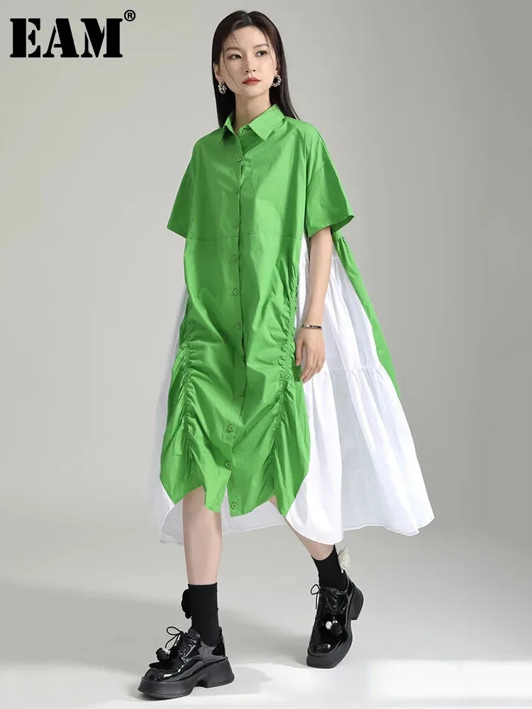 Beberino Green Color-block Pleated Shirt Dress: Short Sleeve Loose Fit Fashion