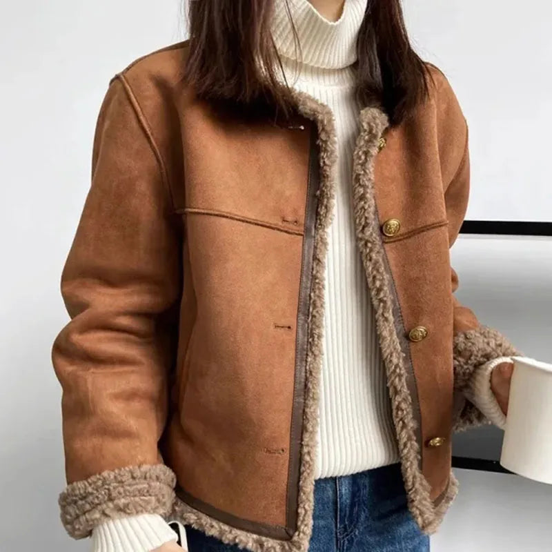 Beberino Vintage Suede Lamb Fur Short Jacket for Women in Camel Color