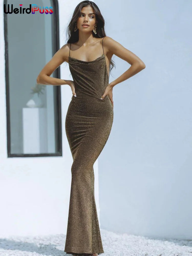 Beberino Shiny Backless Spaghetti Strap Mermaid Bodycon Dress for Women's Evening Party