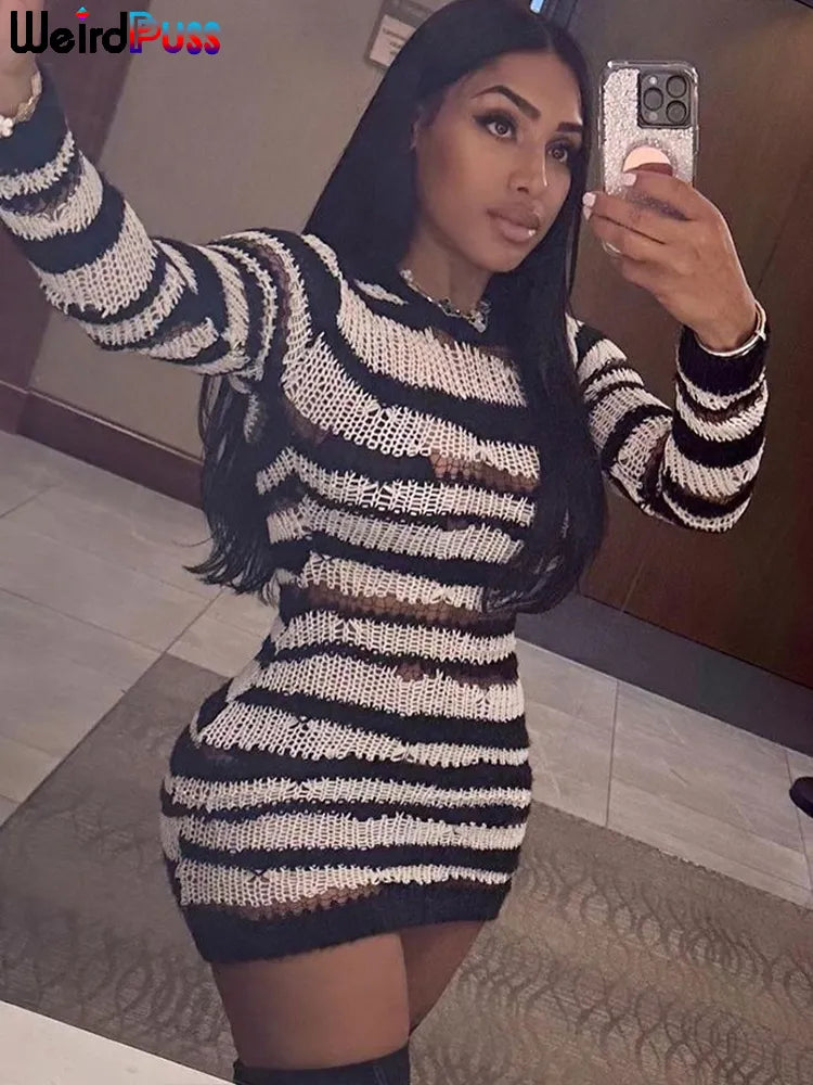 Beberino Striped Knit Dress: Ripped Long Sleeve Bodycon Streetwear