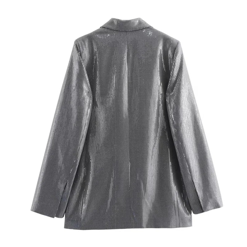 Beberino Sequin Grey Blazer: Women's Single-Breasted Shiny Suit Jacket