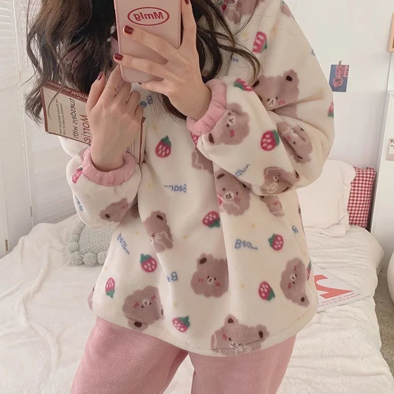 Beberino Strawberry Bear Flannel Pajamas Set for Women