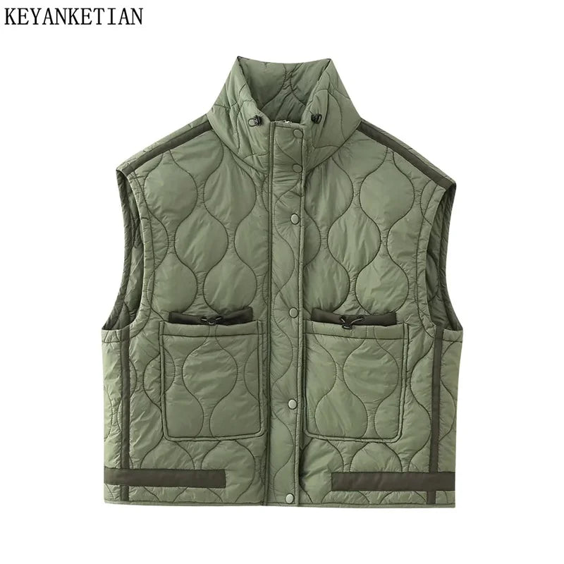 Beberino Quilted Zip-Up High Neck Vest Crop Top - Army Green Vintage Parka