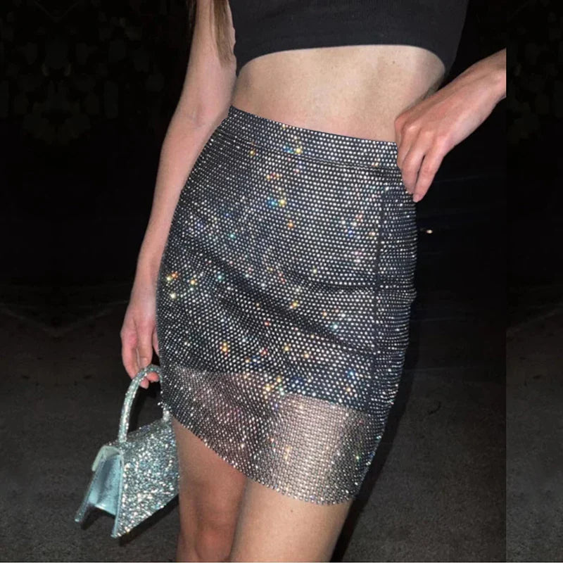 Beberino Rhinestone Mesh Mini Skirt for Women, Sexy Club Beach Party Streetwear