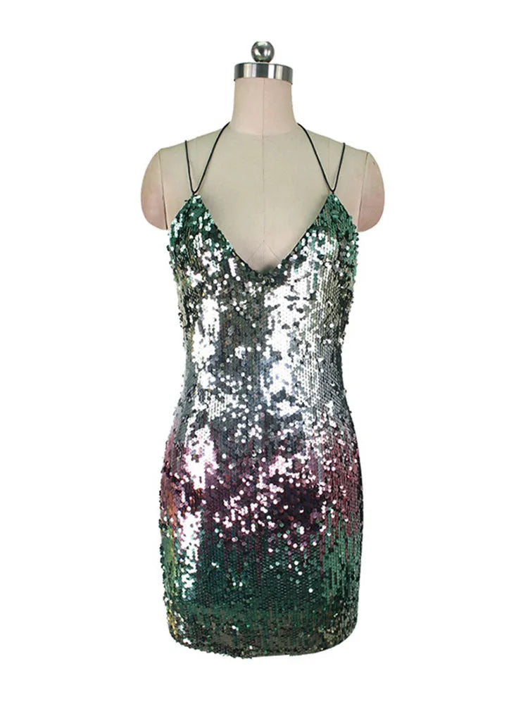 Beberino Sequins Halter Sleeveless Mini Dress High Waist Sheath Sexy Summer Fashion