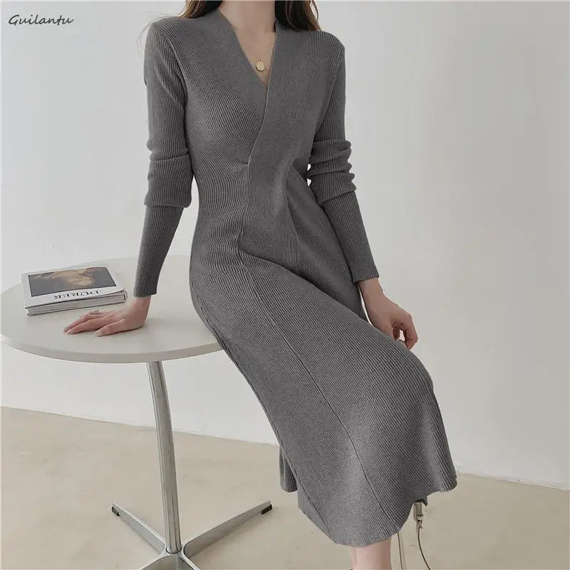 Beberino V Neck Knit Dress | Elegant Casual Midi Dress | Spring Autumn Office Wear