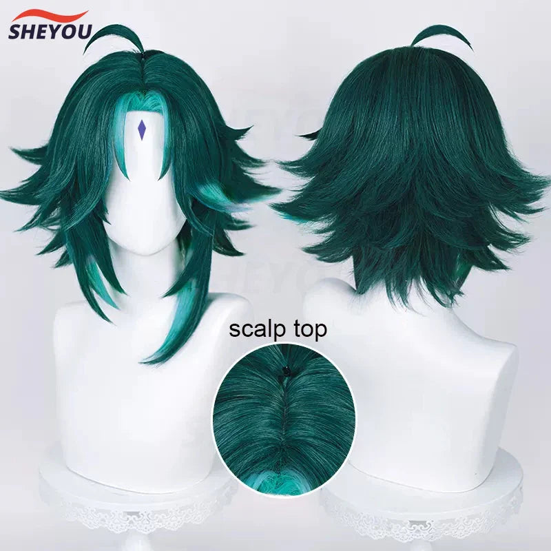 Beberino 40cm Short Green Hair Anime Wig + WigCap | Heat Resistant Synthetic Cosplay