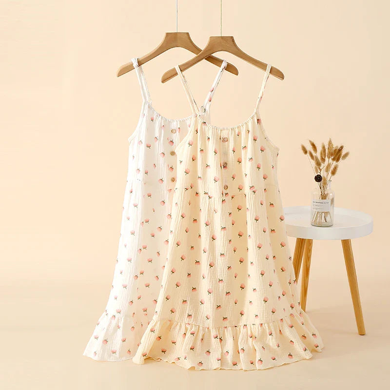 Beberino 100% Cotton Crepe Suspender Dress - Summer Women's Flower Nightdress