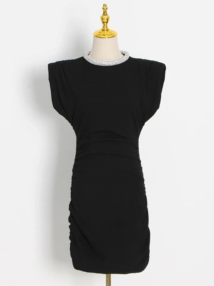 Beberino Black Summer Mini Dress with Round Neck and High Waist