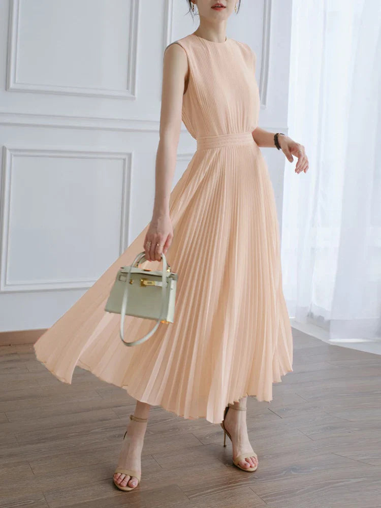 Beberino Pleated Sleeveless Dress - Elegant Round Neck High Waist Summer Fashion