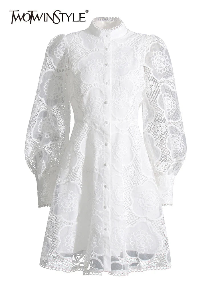 Beberino Lace Panel Stand Collar Dress: Vintage Style Jacquard Mini Dress for Women