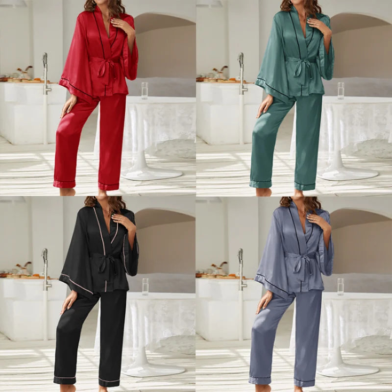 Beberino Satin Pajama Set: Long Sleeve Top, Long Pants, V-Neck, Flared Sleeves