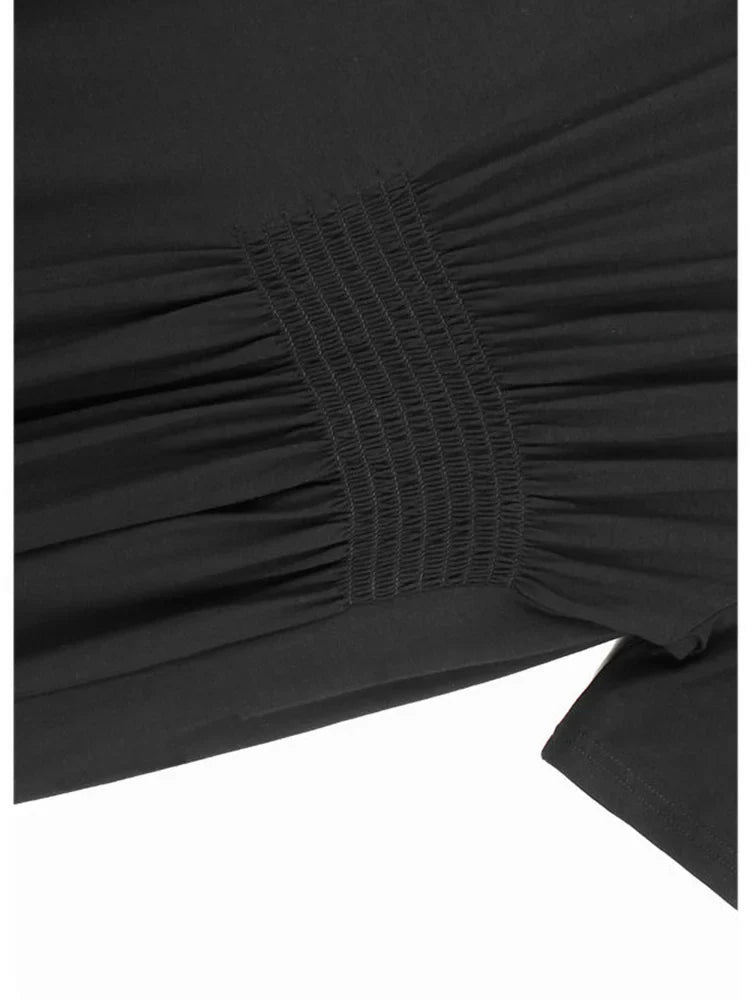 Beberino Black Pleated Maxi Dress, Round Neck Short Sleeve Loose Fit, Spring Summer Trend