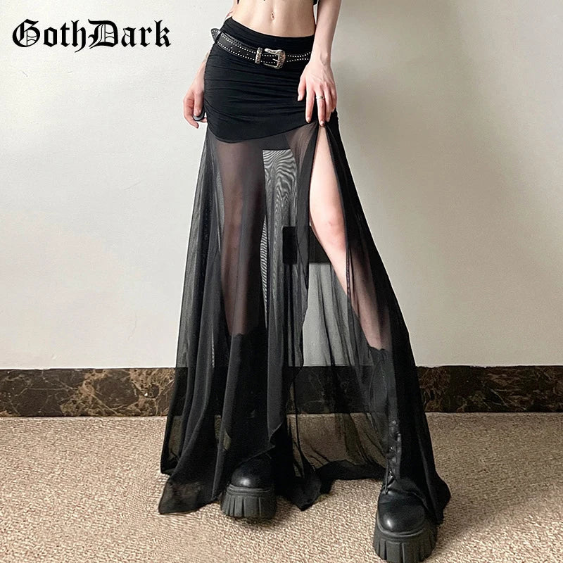 Beberino Goth Mesh Patchwork High Waist Mid Skirt with Split Hem and Ruched Bodycon