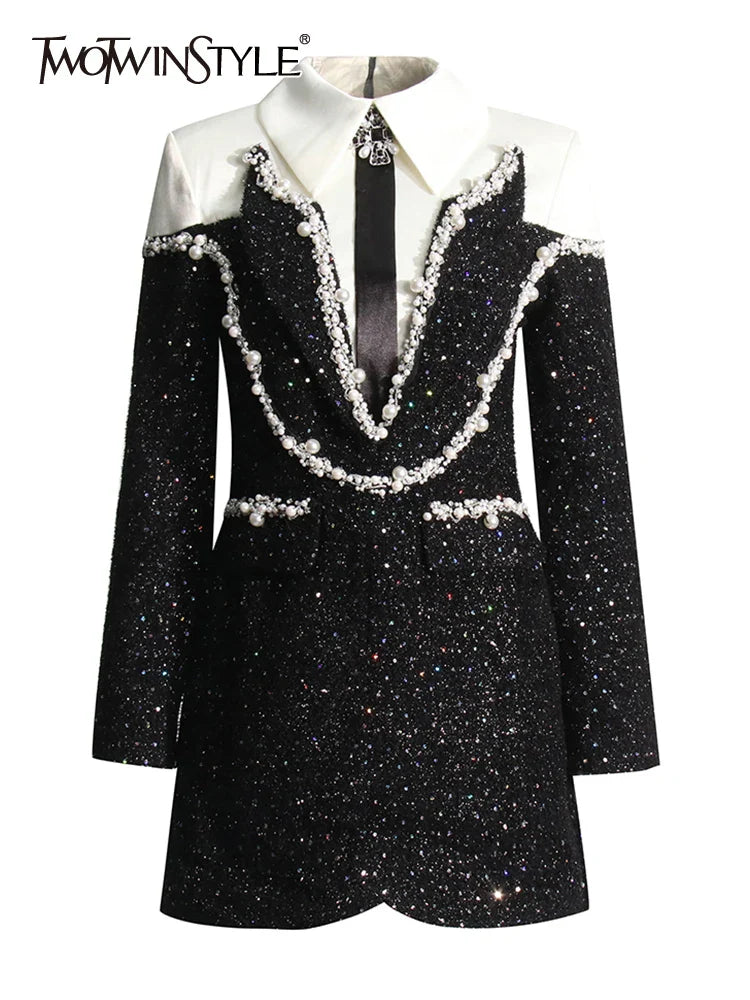 Beberino Colorblock Sequins Dress - Lapel Detail, Long Sleeve, Elegant Design