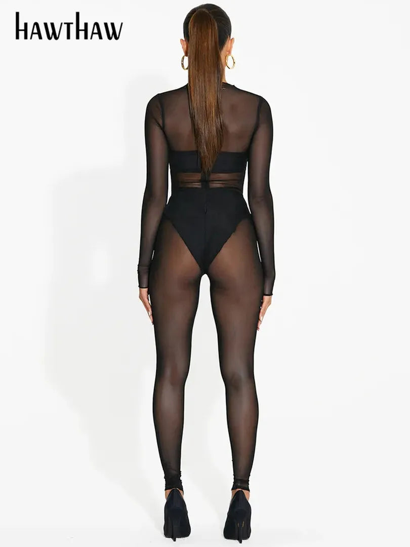 Beberino Mesh Club Wear Long Sleeve Black Jumpsuit for Women