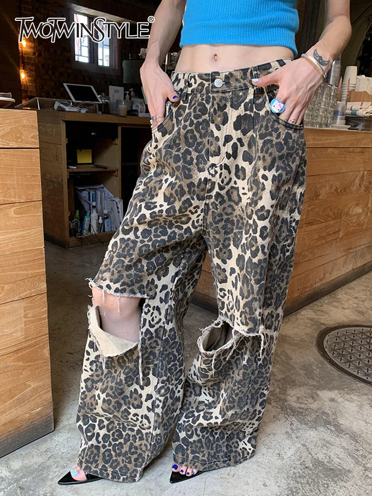 Beberino High Waist Leopard Ripped Wide Leg Jeans, Button Closure Fashion Denim Pant