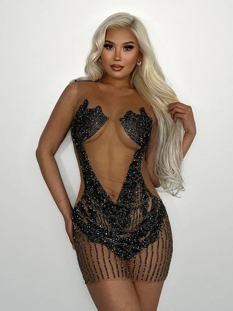 Beberino Rhinestone Mesh Bodycon Dress: Sexy, Stretchy, Sleeveless Clubwear for Midnight Party