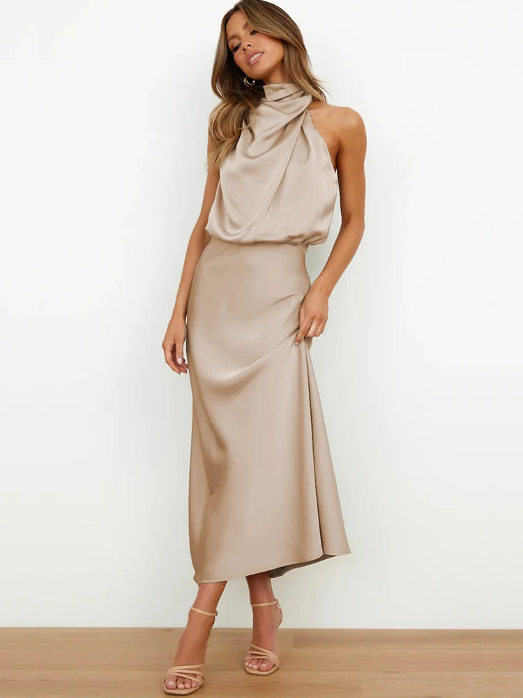 Beberino Sleeveless Silk Satin Long Dress: Elegant, High-End Fashion for Women