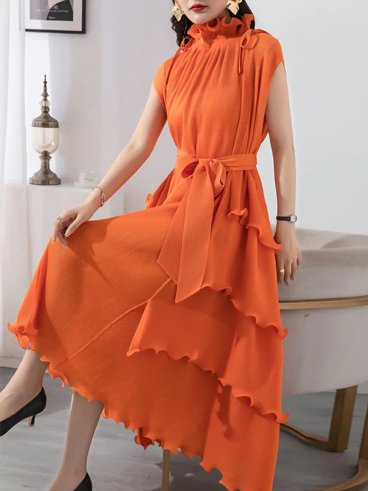 Beberino Ruffled Collar Sleeveless Summer Dress Elegant Mid-Length Solid Folds Women's Fashion