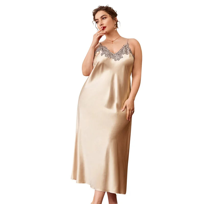 Beberino Lace Silk Satin Sleepwear Nightdress V-neck Nightgown Plus Size Nightwear