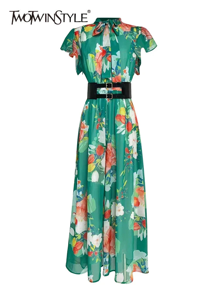 Beberino Frill Trim Floral Midi Dress with Bow Collar & Colorblock Design