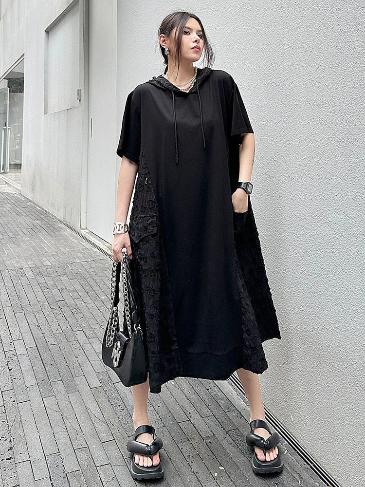 Beberino Women's Black Spliced Drawstring Hooded Midi Dress Casual Short Sleeve Fashion Tide