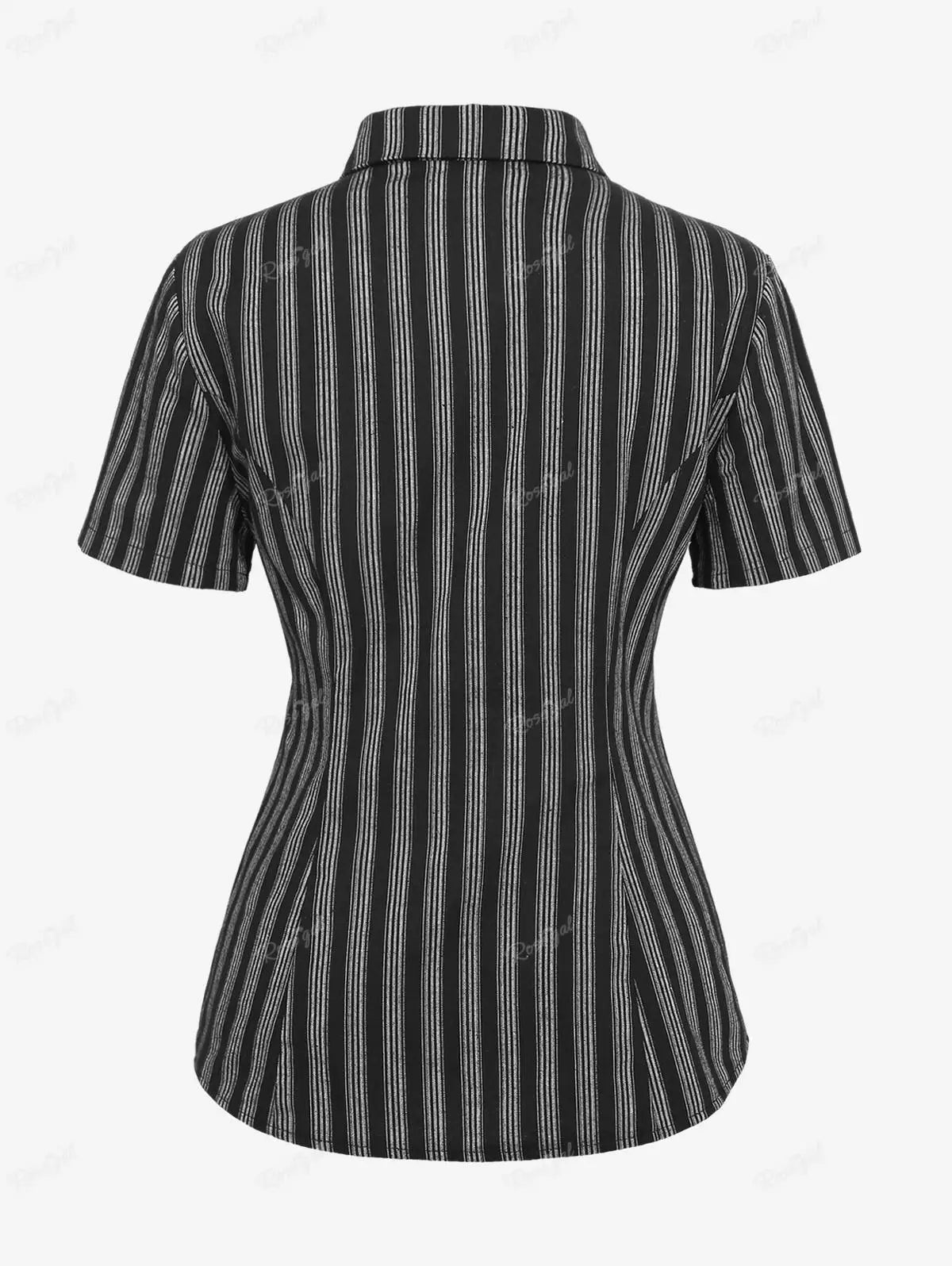 Beberino Gothic Skulls Mesh PU Panel Shirt with Buckle Grommet Stripes