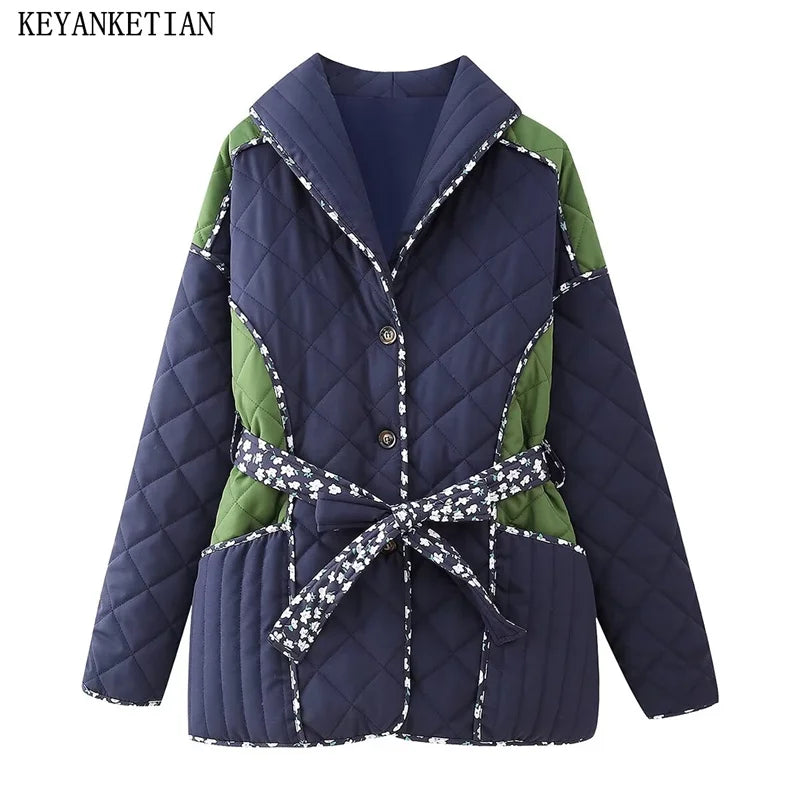 Beberino Contrast Color Quilted Jacket Coat with Belt and Pockets