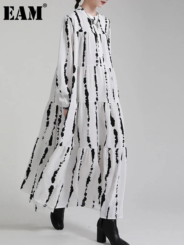 Beberino Women's Striped Print Long Dress White Big Size Loose Fit Spring Autumn