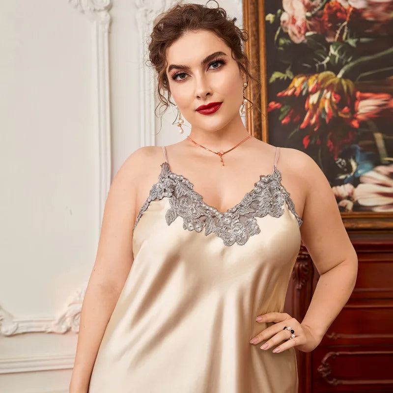 Beberino Lace Silk Satin Sleepwear Nightdress V-neck Nightgown Plus Size Nightwear