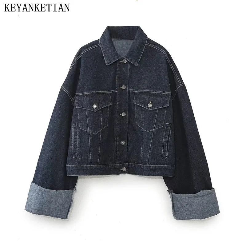 Beberino Denim Jacket: Women's Oversize Cropped Coat with Hem Detail