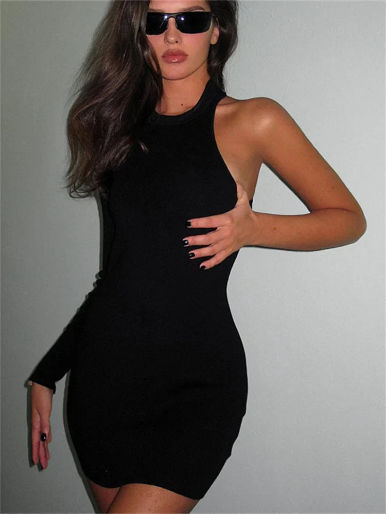 Beberino One Shoulder Asymmetrical Black Bodycon Mini Dress Vintage Long Sleeve Solid Hollow Out